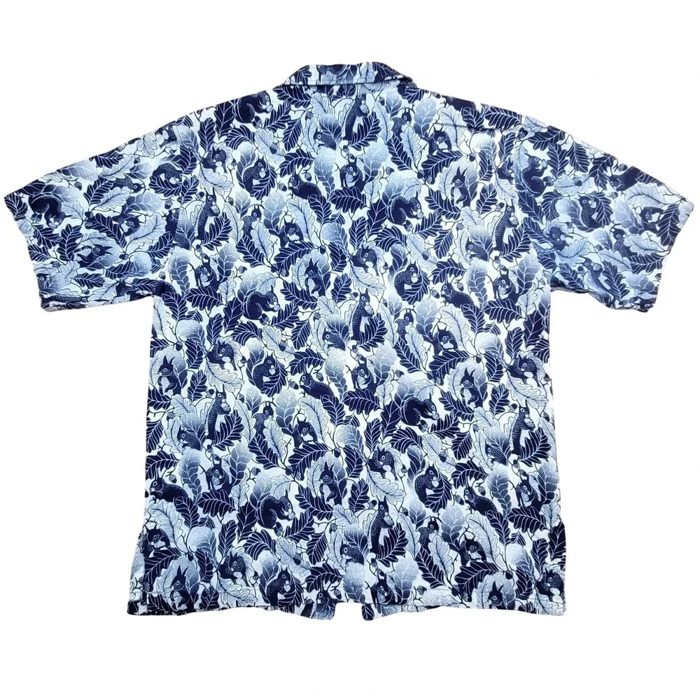 Blue Squirrel Oak Leaf‎ Print Short Sleeve Button Down Camp Shirt Mens Medium